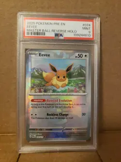 EEVEE MASTER BALL REVERSE HOLO PSA 9 2025 POKEMON PRE EN-PRISMATIC EVOLUTIONS - Image 1