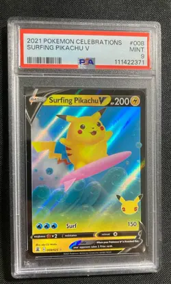 Pokemon 2021 SWSH Celebrations Surfing Pikachu V #8 Mint PSA 9 - Image 1