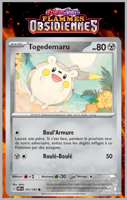 Carte Pokemon Togedemaru 151/197 EV3 Ecarlate Violet Flammes Obsidiennes - Image 1
