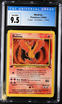 CGC 9.5 GEM MINT Moltres 27/62 1st Ed Fossil 1999 Non Holo Rare Pokemon card - Image 1