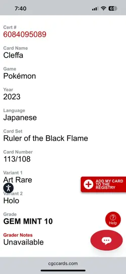 CGC 10 Cleffa 113/108 SV3 Ruler of the Black Flame Holo Art Rare JP 2023 - Image 5