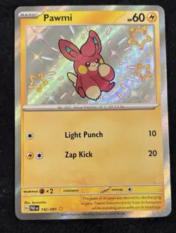 Pokemon TCG S&V Paldean Fates Pawmi Holo Card Shiny Rare 142/091 Near Mint - Image 1