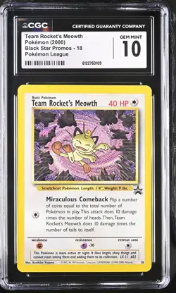 CGC 10 GEM MINT Team Rocket's Meowth 18 Wotc Black Star Promo Pokemon Card - Image 1