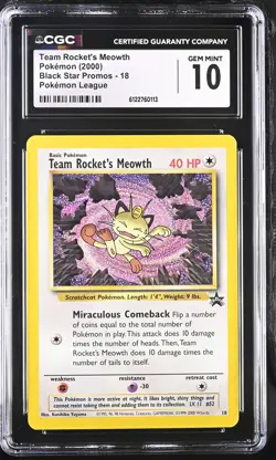 CGC 10 GEM MINT Team Rocket's Meowth 18 Wotc Black Star Promo Pokemon Card - Image 1