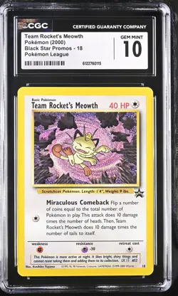 CGC 10 GEM MINT Team Rocket's Meowth 18 Wotc Black Star Promo Pokemon Card - Image 1