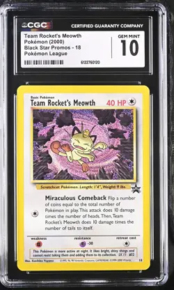 CGC 10 GEM MINT Team Rocket's Meowth 18 Wotc Black Star Promo Pokemon Card - Image 1