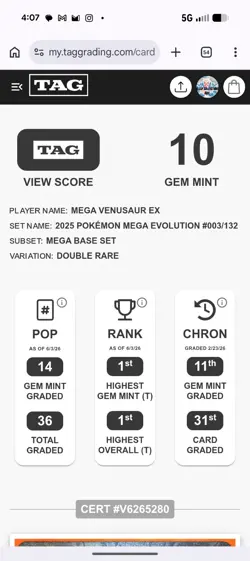 Pokemon TCG Mega Venusaur EX Double Rare Card 003/132 TAG Graded 💎 GEM MUNT 10 - Image 4