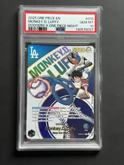 2025 ONE PIECE PROMO #010 MONKEY D. LUFFY DODGERS X ONE PIECE NIGHT PSA 10 - Image 1