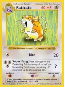 1x Raticate - 40/102 - Uncommon - Shadowless Edition Heavily Played Pokemon G1 - - Image 1
