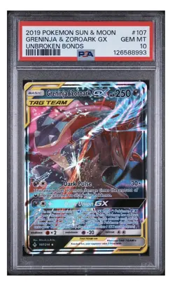Pokemon 2019 Unbroken Bonds Greninja & Zoroark GX 107/214 TAG TEAM Holo PSA 10 - Image 1