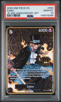 2025 ONE PIECE OP04-083 JAPANESE 2ND ANNIVERSARY SET SABO ENG PSA 10 GEM MINT - Image 1