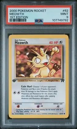2000 POKEMON ROCKET 1ST ED #62 MEOWTH PSA 9 - Image 1