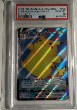 Pokemon TCG Celebrations Surfing Pikachu VMAX Full Art Holo PSA 10 009/025 - Image 1