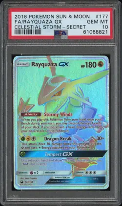 2018 POKEMON SUN & MOON CELESTIAL STORM 177 FULL ART/RAYQUAZA GX SECRET PSA 10 - Image 1
