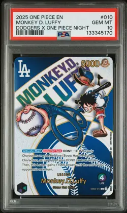 2025 ONE PIECE PROMO #010 MONKEY D. LUFFY DODGERS X ONE PIECE NIGHT PSA 10 - Image 1