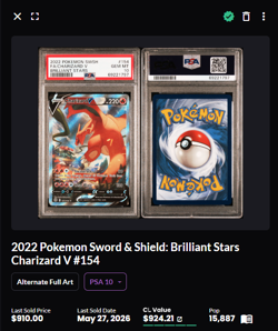 Pokemon Cards PSA 10 GEM MT Charizard V Brilliant Stars Swsh FA 2022 154/172 - Image 2
