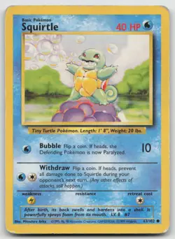 Squirtle 63/102 Common Base Set Unlimited Pokemon HP - Image 1