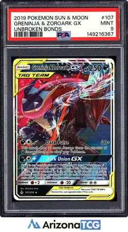 Pokemon 2019 Greninja & Zoroark GX 107/214 Tag Team Unbroken Bonds PSA 9 - Image 1