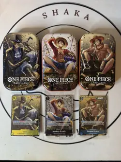 One Piece Tin Set Vol 2 Luffy P075 Ace P074 Sabo P073 Promos Sealed +Empty Tins - Image 1