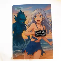 Altered Art MTG Card - Island - Anime Girl running from Monster - Image 1