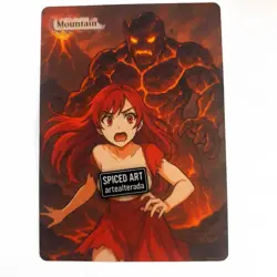 Altered Art MTG Card - Mountain - Anime Girl running from Monster - Image 1