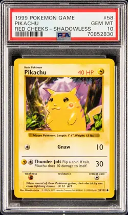 1999 POKEMON BASE SET SHADOWLESS RED CHEEKS #58 PIKACHU PSA 10 - Image 1