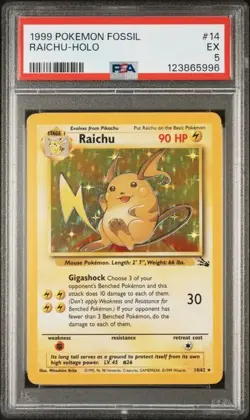 1999 POKEMON FOSSIL #14 RAICHU-HOLO UNLIMITED PSA 5 - Image 1