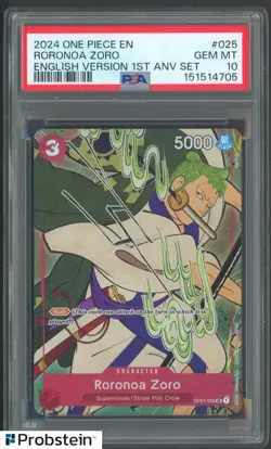 2024 One Piece English Version 1st Anniversary Set #025 Roronoa Zoro PSA 10 - Image 1