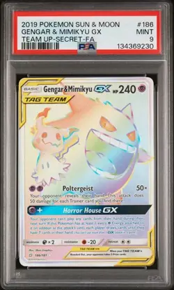 Pokemon Gengar & Mimikyu GX Team Up Secret Rare Full Art #186 PSA 9 Mint - Image 1