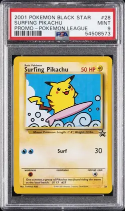 2001 POKEMON PROMO BLACK STAR POKEMON LEAGUE #28 SURFING PIKACHU PSA 9 - Image 1