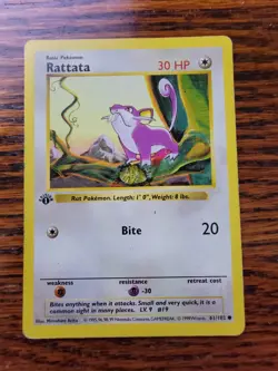 Pokemon 1st edition Shadowless Rattata Base Set 61/102 MP* - Image 1