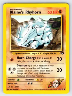 Blaine's Rhyhorn 65/132 2000 Gym Challenge Pokemon Card Vintage WOTC Common Vlp - Image 1