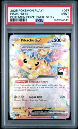 2025 POKEMON PLAY! POKEMON PRIZE PACK: SERIES 7 #057 PIKACHU EX PSA 9 - Image 1