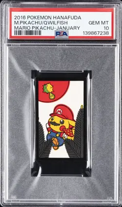 2016 POKEMON HANAFUDA MARIO PIKACHU JANUARY MARIO PIKACHU/QWILFISH PSA 10 - Image 1