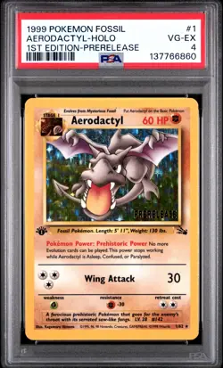 Pokemon Card Aerodactyl Holo 1/62 1st Edition Prerelease PSA 4 Fossil - Image 1