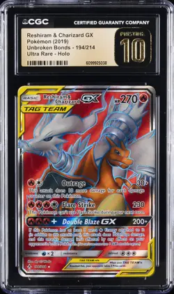2019 POKEMON UNBROKEN BONDS FA #194 RESHIRAM & CHARIZARD GX CGC 10 PRISTINE - Image 1