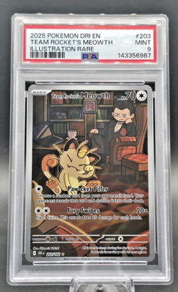 2025 Pokemon DRI EN Ilustration Rare #203 Team Rocket's Meowth PSA 9 - Image 1
