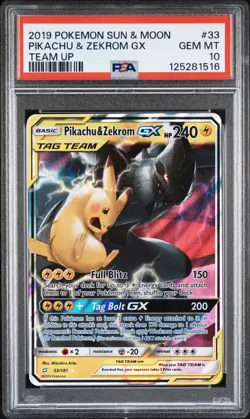 2019 POKEMON SUN & MOON TEAM UP #33 PIKACHU & ZEKROM GX PSA 10 - Image 1