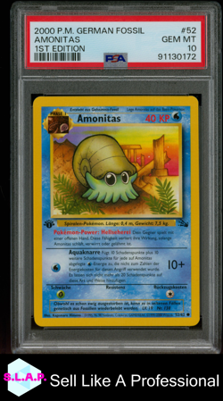 AMONITAS 1ST EDITION POKEMON GERMAN FOSSIL 2000 52 PSA 10 - Image 1