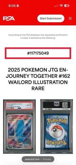 Pokemon TCG Wailord Journey Together Illustration PSA 10 Gem MT Card 162/159 - Image 5