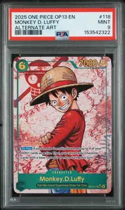 2025 One Piece OP13 EN Monkey D. Luffy Alternate Art #118 PSA 9 - Image 1