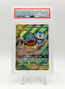 2019 POKEMON COSMIC ECLIPSE ALT ART BLASTOISE & PIPLUP GX 215/236 PSA 10 - Image 1