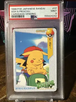 1998 POKEMON JAPANESE BANDAI CARDDASS VENDING #37 ASH & PIKACHU PSA 9 - Image 1