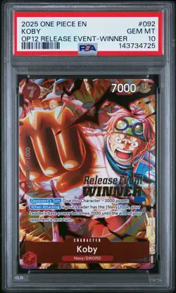 PSA 10 2025 One Piece Promos #092 Koby Release Event Winner GEM MT - Image 1