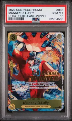 2023 MONKEY D. LUFFY P-036 OP04 Pre-Release Winner Promo One Piece PSA 10 GEM MT - Image 1