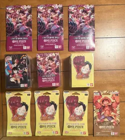 One Piece Sealed Double Pack Set (x3) and Sleeved Booster Pack (x7) Lot - Image 1