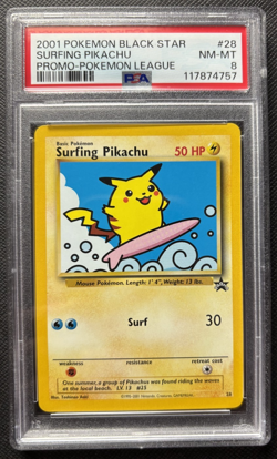 Surfing Pikachu Black Star Promo 28 Pokemon League 2001 PSA 8 - Image 1