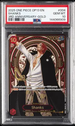 2025 ONE PIECE OP13-CARRYING ON HIS WILL 3RD ANNIVERSARY-GOLD #004 SHANKS PSA 10 - Image 1