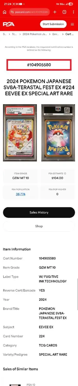 Pokemon PSA 10 2024 Japanese SV8a Terastal Fest Eevee ex 224/187 SAR Holo - Image 1