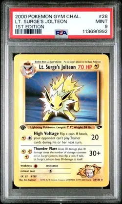 First Edition 2000 Pokemon Gym Challenge 28/132 Lt. Surge's Jolteon PSA Mint 9 - Image 1